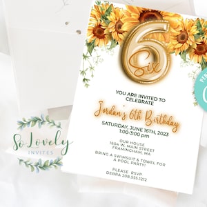 Sunflowers 6th Birthday Invitation, YOU EDIT Girl Birthday Invite for 6 year old Birthday