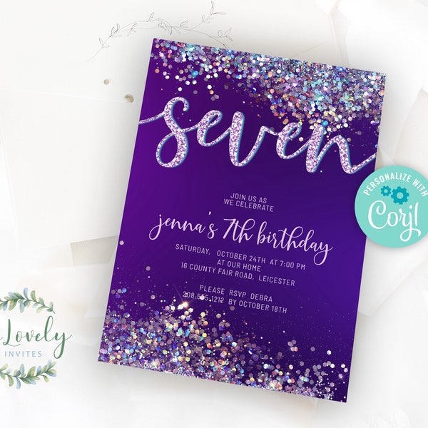 Purple and Silver Holo Glitter 7th Birthday Invitation,  EDIT YOURSELF Birthday Invite for 7 year old Birthday Party, 2 sizes, DIY