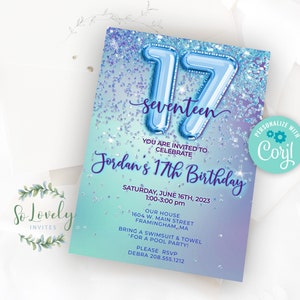 Sky Blue Glitter 17th Birthday Invitation,  Editable Birthday Invite for sweet seventeen Birthday, 2 sizes, DIY Edit yourself
