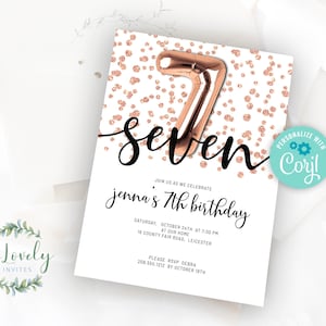 Rose Gold Glitter 7th Birthday Invitation,  EDIT YOURSELF Birthday Invite for 7 year old Birthday Party, 2 sizes, DIY