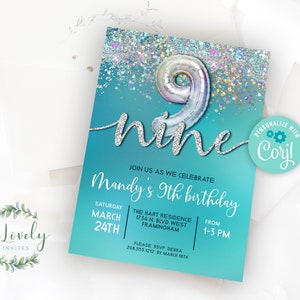 Teal and Silver Holo Glitter 9th Birthday Invitation, Editable Birthday Invite for Nine year old Birthday Party, 2 sizes, DIY Edit yourself