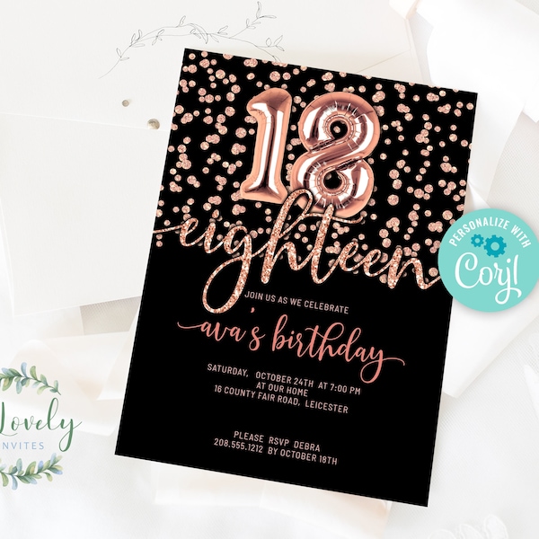 Schwarz und Rose Gold Glitzer 18. Geburtstag Einladung, bearbeitbare Geburtstagseinladung für 18 Jahre Geburtstagsparty, 2 Größen, DIY Edit yourself