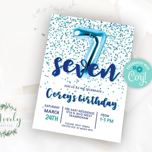 Blue and Green Glitter 7th Birthday Invitation,  EDIT YOURSELF Birthday Invite for 7 year old Birthday Party, 2 sizes, DIY