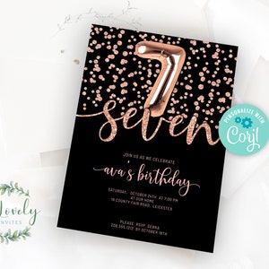 Black and Rose Gold 7th Birthday Invitation,  EDIT YOURSELF Birthday Invite for 7 year old Birthday Party, 2 sizes, DIY