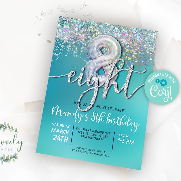 Teal and Silver 8th Birthday Invitation, EDIT YOURSELF Birthday Invite for 8 year old Birthday Party