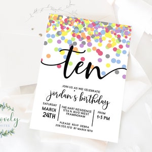 Regenbogen-Einladung zum 10. Geburtstag, EDIT YOURSELF Geburtstagseinladung für 10-jährige Geburtstagsparty, 2 Größen, DIY-Einladungsvorlage