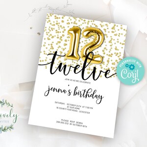 Gold Glitter 12th Birthday Invitation, EDIT YOURSELF Birthday Invite for 12 year old Birthday Party, 2 sizes, DIY Invitation