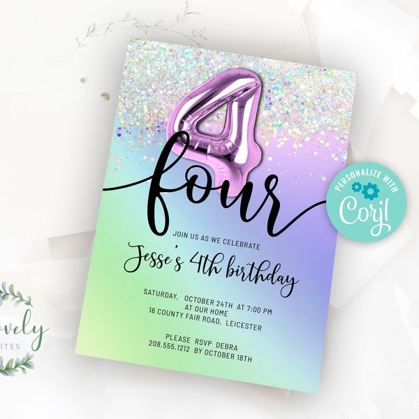 Purple Rainbow Holo Glitter 4th Birthday Invitation,  Editable Birthday Invite for 4 year old Birthday Party, 2 sizes, DIY Edit yourself