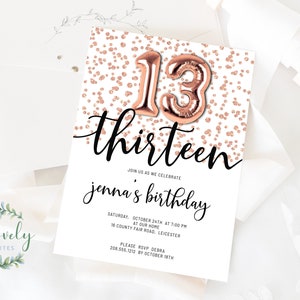 Rose Gold Glitter 13th Birthday Invitation,  Editable Birthday Invite for 13 year old Birthday Party, 2 sizes, DIY Edit yourself