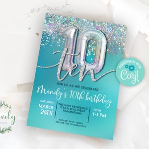Teal und Silber 10. Geburtstagseinladung, EDIT YOURSELF Geburtstag einladen für 10 jährige Geburtstagsfeier, 2 Größen, DIY einladen