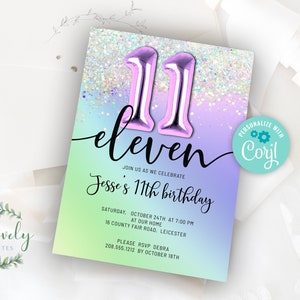 Purple Rainbow Holo Glitter 11th Birthday Invitation,  EDIT YOURSELF Birthday Invite for 11 year old Birthday Party, 2 sizes, DIY invite