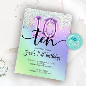 Purple Rainbow Holo Glitter 10th Birthday Invitation, EDIT YOURSELF Birthday Invite for 10 year old Birthday Party, 2 sizes, DIY Invite