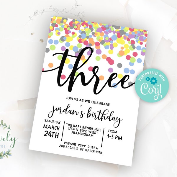 Rainbow Confetti 3rd Birthday Invitation,  Editable Birthday Invite for 3 year old Birthday Party, 2 sizes, DIY Edit yourself