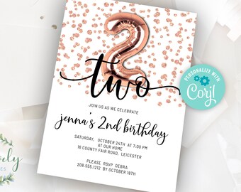 Rose Gold Glitter 2nd Birthday Invitation,  Editable Birthday Invite for TWO Cute- 2 year old Birthday, 2 sizes, DIY Edit yourself