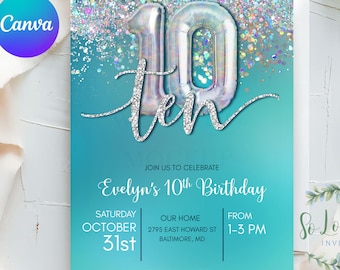 Teal Silver Balloon Birthday Invitation Template, Editable Canva Invite, Glitter Party Digital Download
