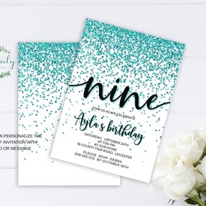 Teal Glitter 9. Geburtstagseinladung, EDIT YOURSELF Geburtstagseinladung für 9-jährige Geburtstagsfeier, 2 Größen, DIY-Einladungsvorlage