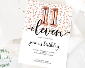 Rose Gold Glitter 11th Birthday Invitation, EDIT YOURSELF Birthday Invite for 11 year old Birthday Party, 2 sizes, DIY Invite