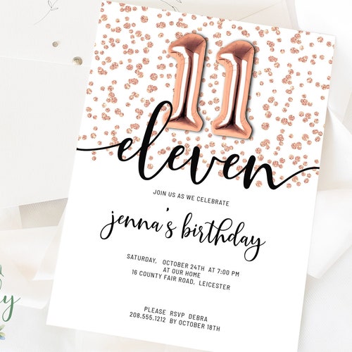 Rose Gold Glitter 11th Birthday Invitation EDIT YOURSELF - Etsy