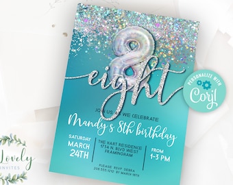Teal and Silver 8th Birthday Invitation, EDIT YOURSELF Birthday Invite for 8 year old Birthday Party