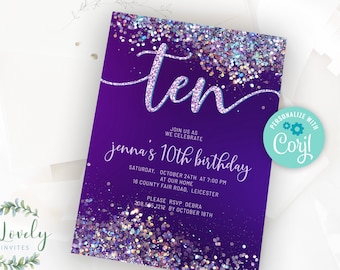 Purple and Silver Holo Glitter 10th Birthday Invitation, EDIT YOURSELF Birthday Invite for 10 year old Birthday Party, 2 sizes, DIY Invite