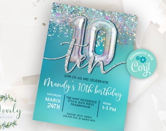 Teal and Silver 10th Birthday Invitation, EDIT YOURSELF Birthday Invite for 10 year old Birthday Party, 2 sizes, DIY Invite