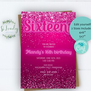 Neon Hot Pink Glitter 16th Birthday Invitation,  Editable Birthday Invite for sweet sixteen Birthday, 2 sizes, DIY Edit yourself