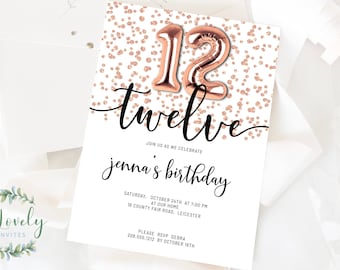 Rose Gold Glitter 12th Birthday Invitation, EDIT YOURSELF Birthday Invite for 12 year old Birthday Party, 2 sizes, DIY Invitation
