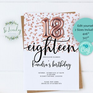 Rose Gold Glitter 18th Birthday Invitation, Editable Birthday Invite for 18 year old Birthday Party, 2 sizes, DIY Edit yourself