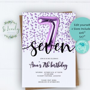 Metallic Purple Glitter 7th Birthday Invitation,  EDIT YOURSELF Birthday Invite for 7 year old Birthday Party, 2 sizes, DIY