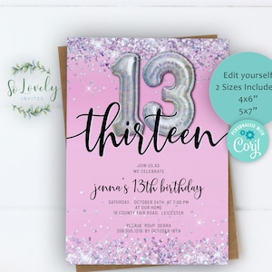Pink and Silver Holo Glitter 13th Birthday Invitation,  Editable Birthday Invite for 13 year old Birthday Party, 2 sizes, DIY Edit yourself