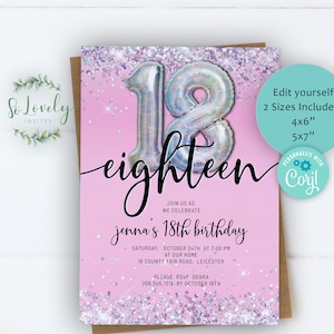Faire-part 18e anniversaire holographique rose et argenté, invitation d'anniversaire modifiable pour une fête d'anniversaire de 18 ans, 2 tailles, bricolage