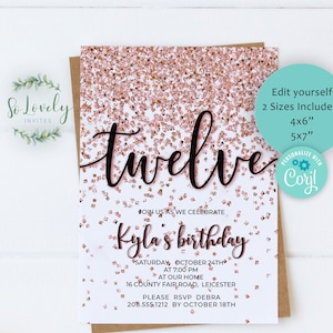 Sparkly Rose Gold Glitter 12th Birthday Invitation, EDIT YOURSELF Birthday Invite for 12 year old Birthday Party, 2 sizes, DIY Invitation