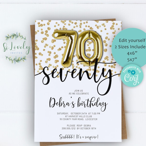 Gold Glitter 70th Birthday Invitation,  Editable Birthday Invite for Seventy Birthday Party, 2 sizes, DIY Edit yourself