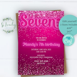 Neon Hot Pink Glitter 7th Birthday Invitation,  EDIT YOURSELF Birthday Invite for 7 year old Birthday Party, 2 sizes, DIY