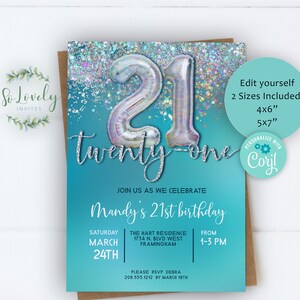 Teal und Silber 21. Geburtstagseinladung, bearbeitbar Geburtstag einladen für 21 jährige Geburtstagsfeier, 2 Größen, DIY Bearbeiten Sie sich