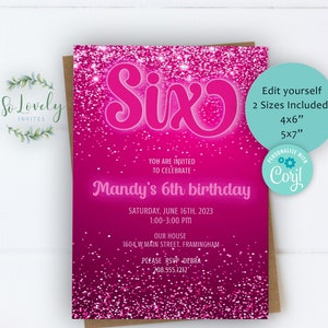 Neon Hot Pink Glitter Einladung zum 6. Geburtstag, EDIT YOURSELF Geburtstag einladen für 6-jähriger Geburtstag, 2 Größen, DIY-Einladung