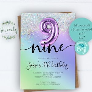 Purple Rainbow Holo Glitter 9th Birthday Invitation,  Editable Birthday Invite for Nine year old Birthday Party, 2 sizes, DIY Edit yourself