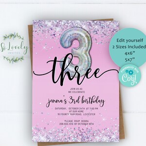 Pink and Silver Holo Glitter 3rd Birthday Invitation,  Editable Birthday Invite for 3 year old Birthday Party, instant download