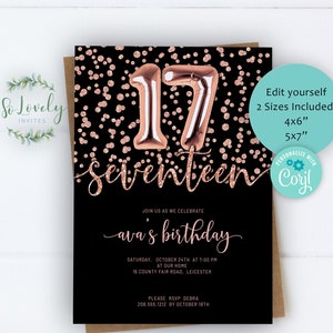 Black and Rose Gold Metallic Glitter 17th Birthday Invitation,  Editable Invite for sweet seventeen Birthday, 2 sizes, Edit yourself