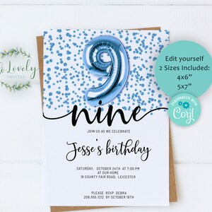 Metallic Blue Glitter 9. Geburtstagseinladung, bearbeitbare Geburtstagseinladung für neunjährige Geburtstagsfeier, 2 Größen, DIY Bearbeiten Sie sich