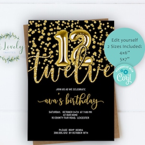 Black and Gold Glitter 12th Birthday Invitation, EDIT YOURSELF Birthday Invite for 12 year old Birthday Party, 2 sizes, DIY