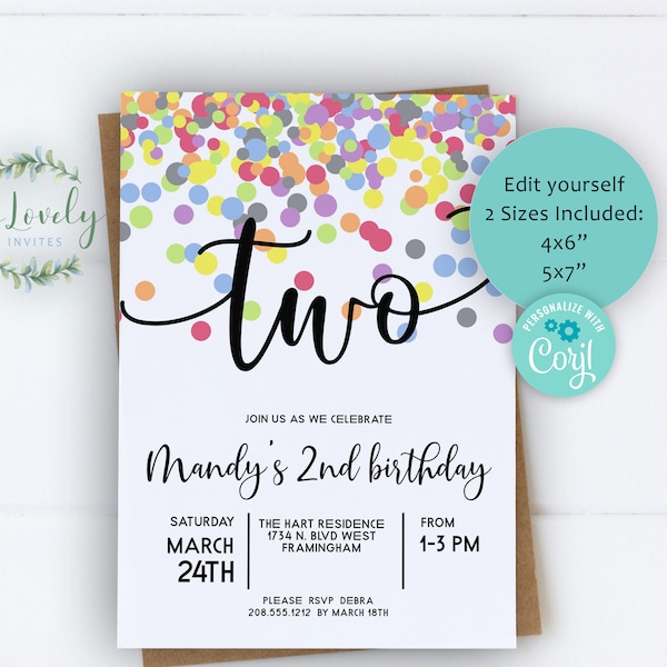 Rainbow Confetti 2nd Birthday Invitation,  Editable Birthday Invite for TWO Cute- 2 year old Birthday, 2 sizes, DIY Edit yourself