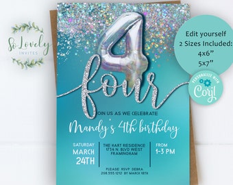 Glitter 4th Birthday Invitation for Girl,  Editable Birthday Invite for 4 year old Birthday Party, Edit yourself