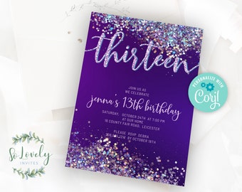 Purple and Silver Holo Glitter 13th Birthday Invitation, Editable Birthday Invite for 13 year old Birthday Party, 2 sizes, DIY Edit yourself