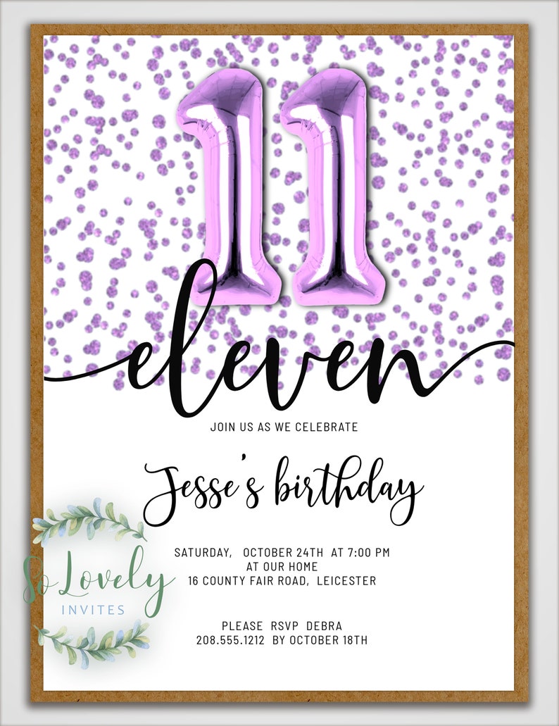 Metallic Purple Glitter 11th Birthday Invitation Editable | Etsy