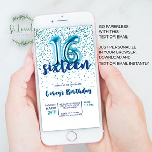 Blue and Green Glitter 16th Birthday- Electronic Digital Invitation- text or email, edit yourself!