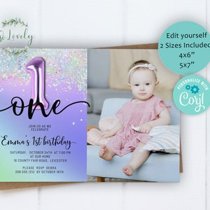 Purple Rainbow Holo Glitter 1st Birthday Invitation with photo,  EDIT YOURSELF Invite for 1 year old Birthday Party, 2 sizes, DIY