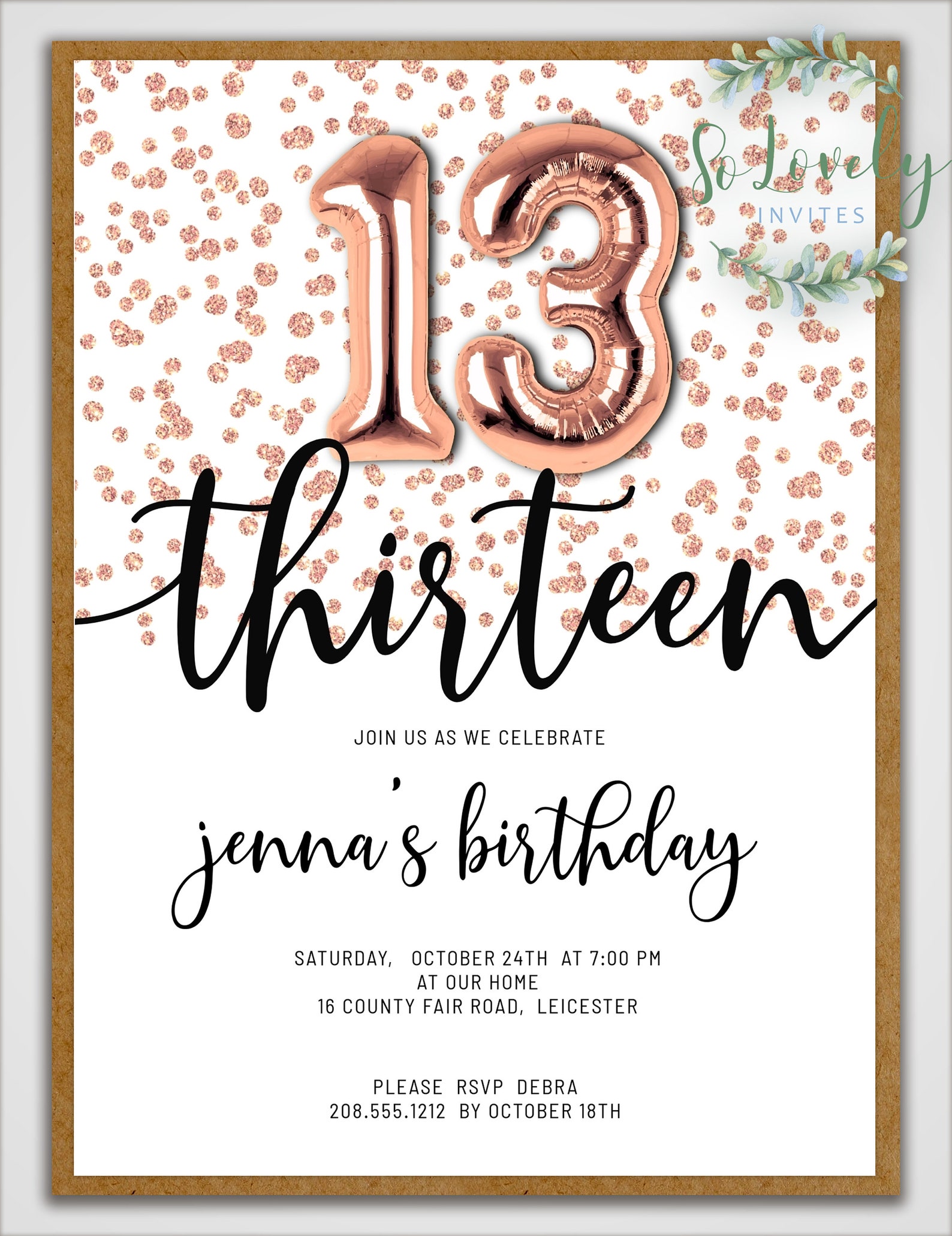 Rose Gold Glitter 13th Birthday Invitation Editable Birthday - Etsy