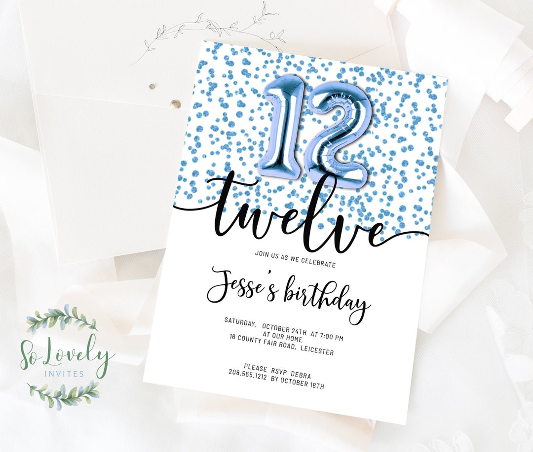Metallic Blue Glitter 12th Birthday Invitation, Editable Birthday