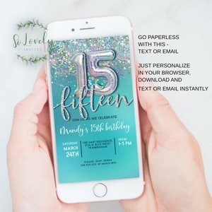 Text 15th Birthday invite for Girl- Mobile Invitation-Send by text or email -Edit yourself!